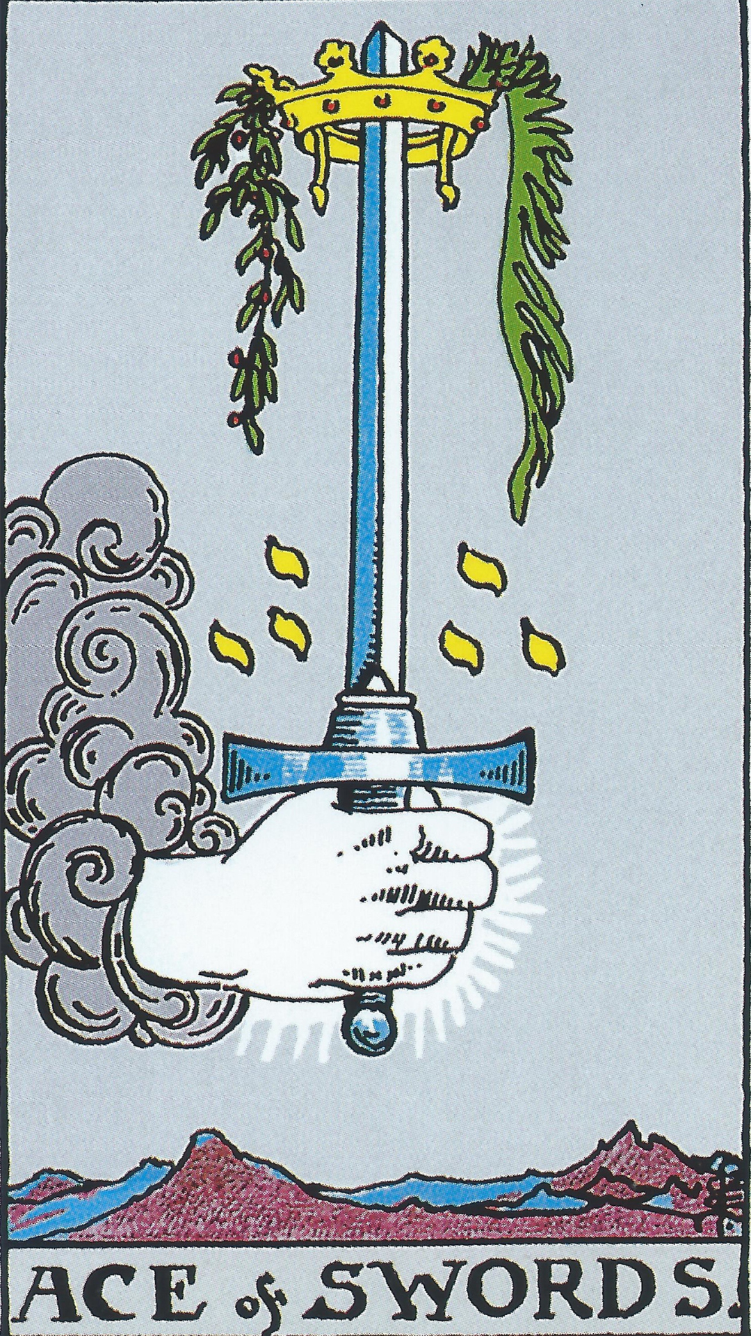 Ace of Swords tarotkort som heter Ess i Svärd på svenska illustreras med en hand som håller i ett svärd med kungakrona på toppen.
