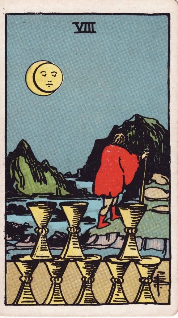 Åtta i bägare tarotkort Åtta i bägare tarotkort från Rider Waite Tarotlek, designade av Pamela Colman Smith.
