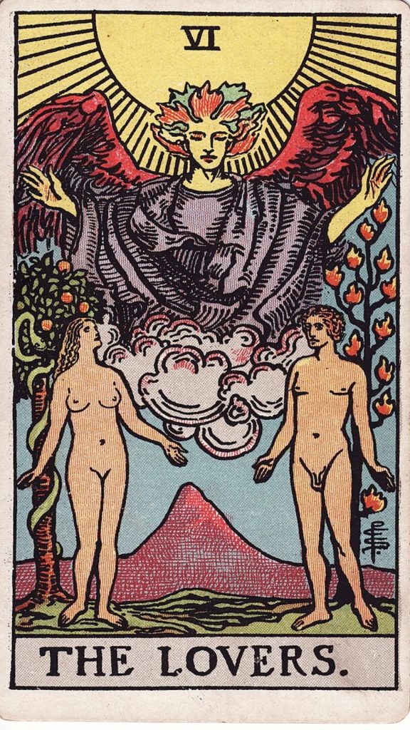 De Älskande tarotkort De Älskande tarotkort från Rider Waite Tarotlek, designade av Pamela Colman Smith.