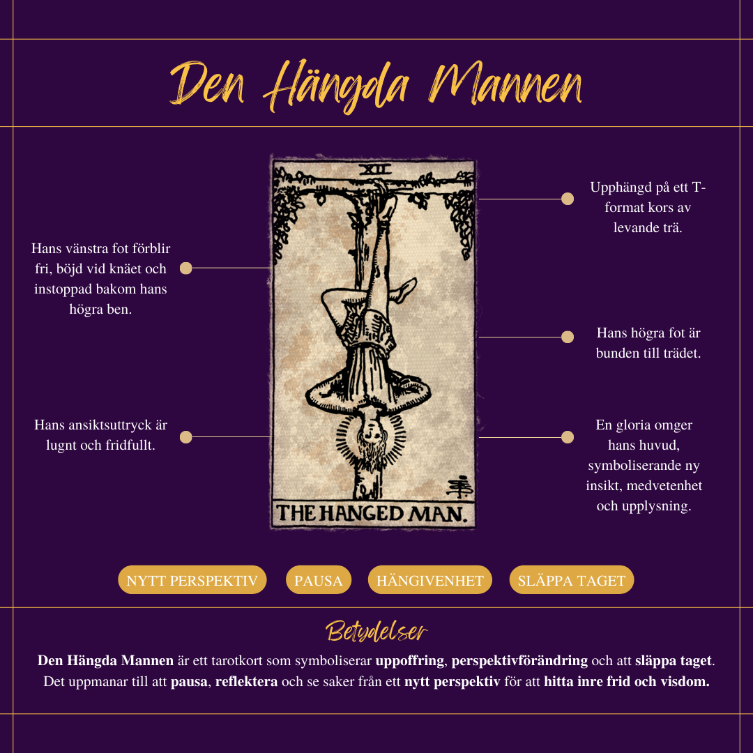 Den hängda mannen (eng. The Hanged Man) tarotkort betydelse med text och illustration av tarotkortet.
