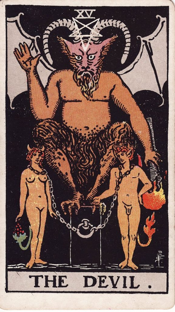 Djävulen tarotkort Djävulen tarotkort från Rider Waite Tarotlek, designade av Pamela Colman Smith.