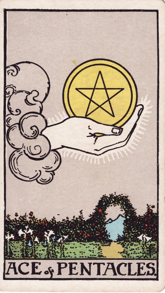 Ess i Mynt tarotkort Ess i Mynt tarotkort från Rider Waite Tarotlek, designade av Pamela Colman Smith.
