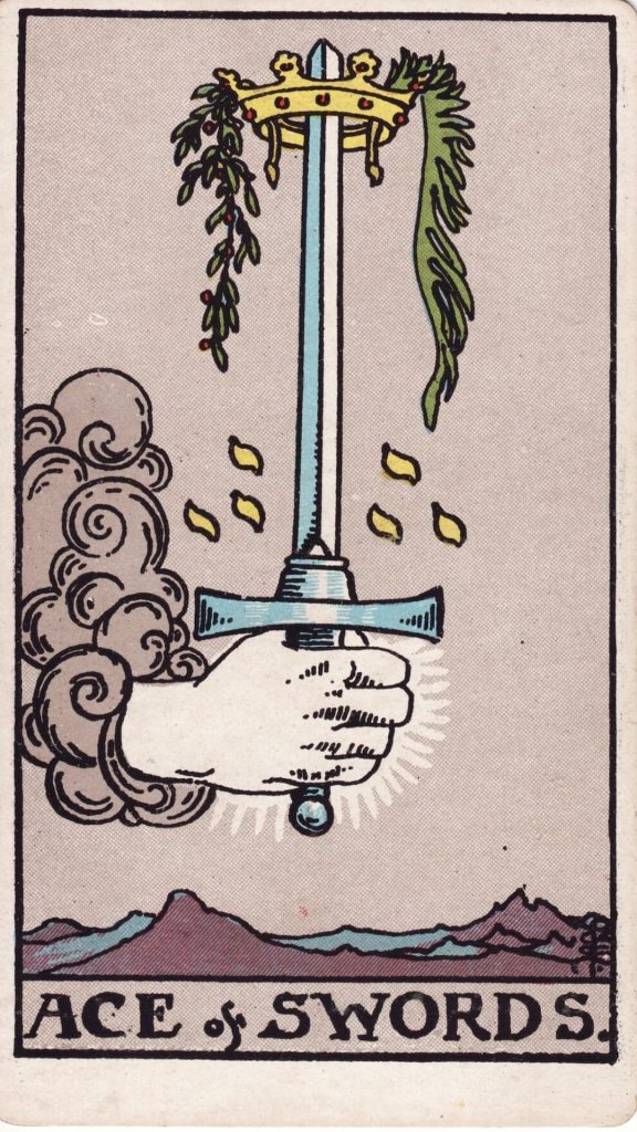 Ess i Svärd tarotkort Ess i Svärd tarotkort från Rider Waite Tarotlek, designade av Pamela Colman Smith.