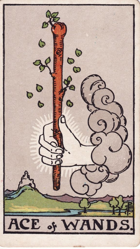 Ess i stavar tarotkort Ess i stavar tarotkort från Rider Waite Tarotlek, designade av Pamela Colman Smith.