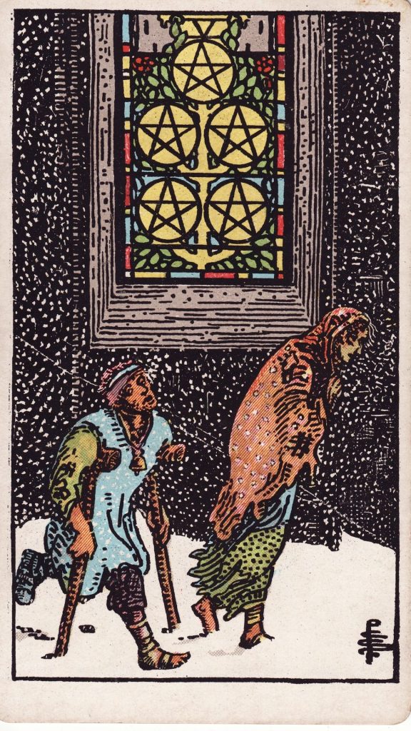 Fem i Mynt tarotkort Fem i Mynt tarotkort från Rider Waite Tarotlek, designade av Pamela Colman Smith.
