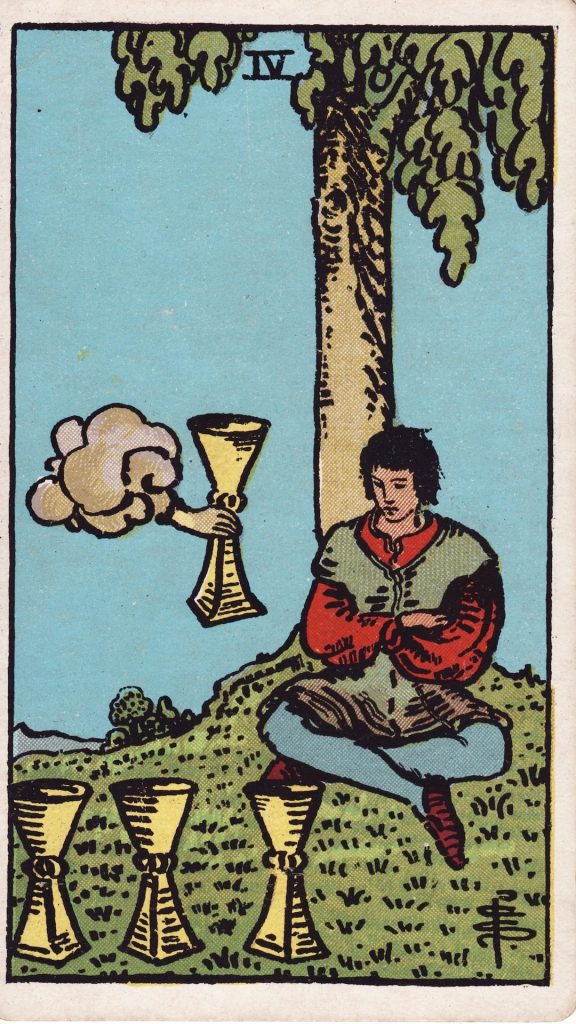Fyra i bägare tarotkort från Rider Waite Tarotlek, designade av Pamela Colman Smith.