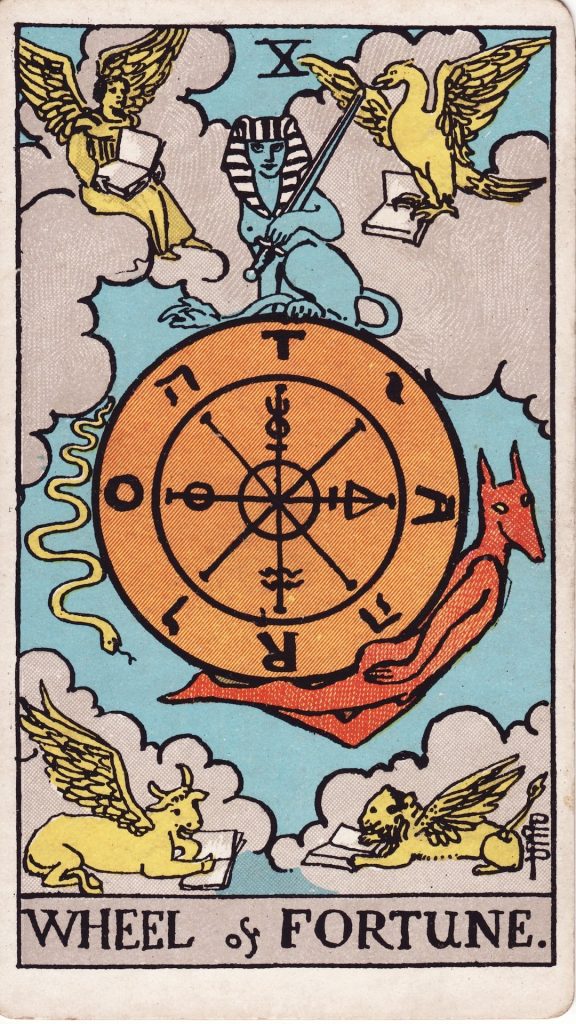 Lyckans Hjul tarotkort Lyckans Hjul tarotkort från Rider Waite Tarotlek, designade av Pamela Colman Smith.