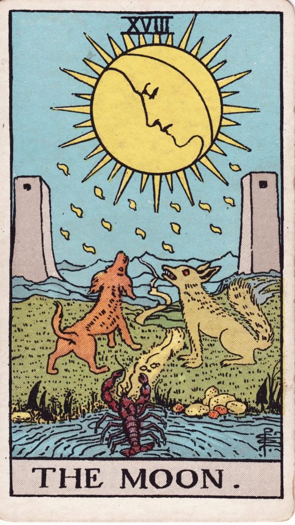 Månen tarotkort från Rider Waite Tarotlek, designade av Pamela Colman Smith.