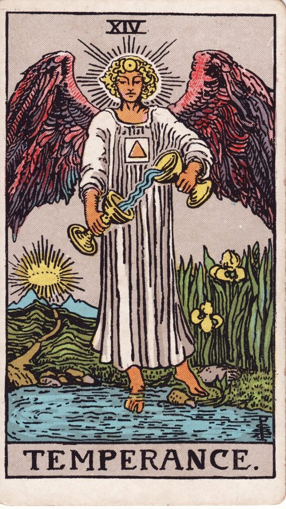 Måttfullhet tarotkort från Rider Waite Tarotlek, designade av Pamela Colman Smith.