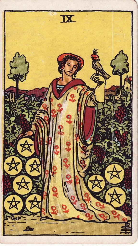 Nio i Mynt tarotkort Nio i Mynt tarotkort från Rider Waite Tarotlek, designade av Pamela Colman Smith.