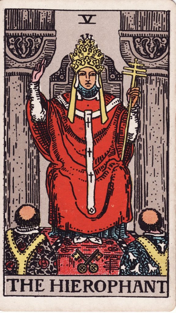 Översteprästen tarotkort från Rider Waite Tarotlek, designade av Pamela Colman Smith.