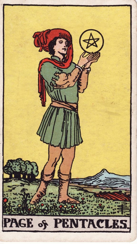 Page i Mynt tarotkort Page i Mynt tarotkort från Rider Waite Tarotlek, designade av Pamela Colman Smith.