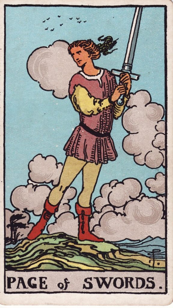 Page i Svärd tarotkort Page i Svärd tarotkort från Rider Waite Tarotlek, designade av Pamela Colman Smith.