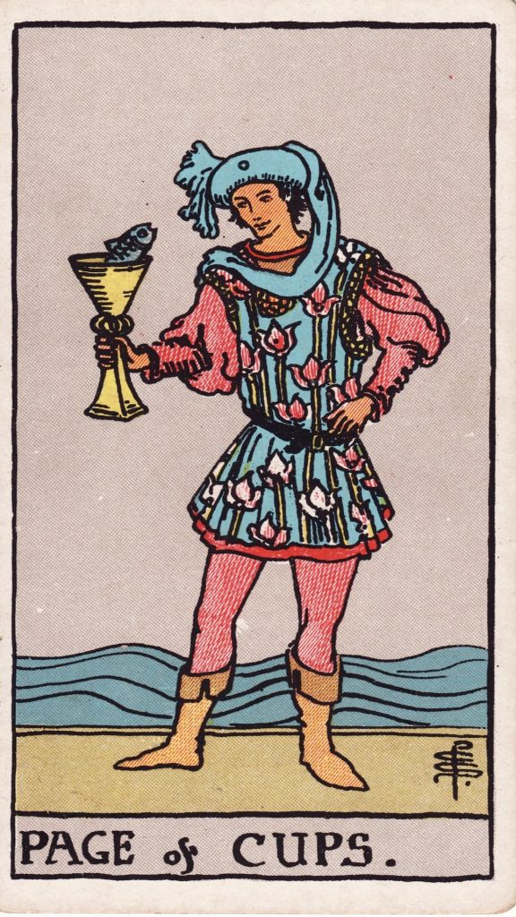 Page i bägare tarotkort Page i bägare tarotkort från Rider Waite Tarotlek, designade av Pamela Colman Smith.