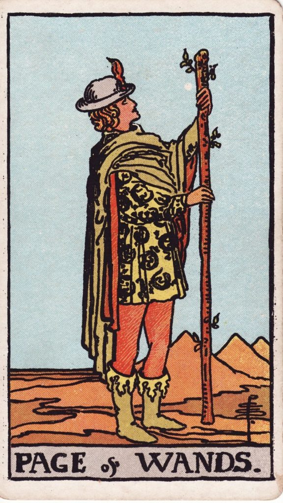 Page i stavar tarotkort Page i stavar tarotkort från Rider Waite Tarotlek, designade av Pamela Colman Smith.