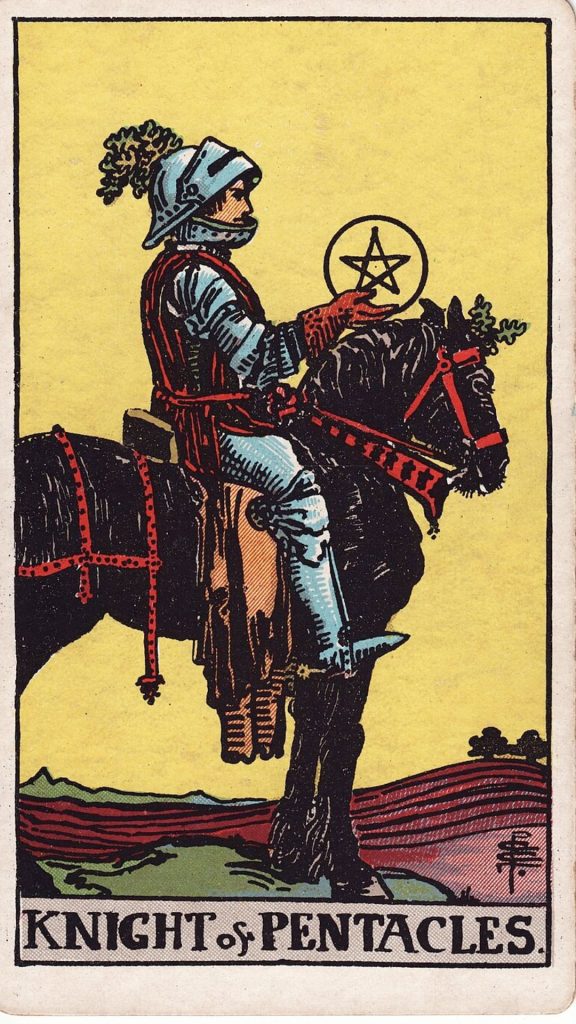 Riddare i Mynt tarotkort Riddare i Mynt tarotkort från Rider Waite Tarotlek, designade av Pamela Colman Smith.