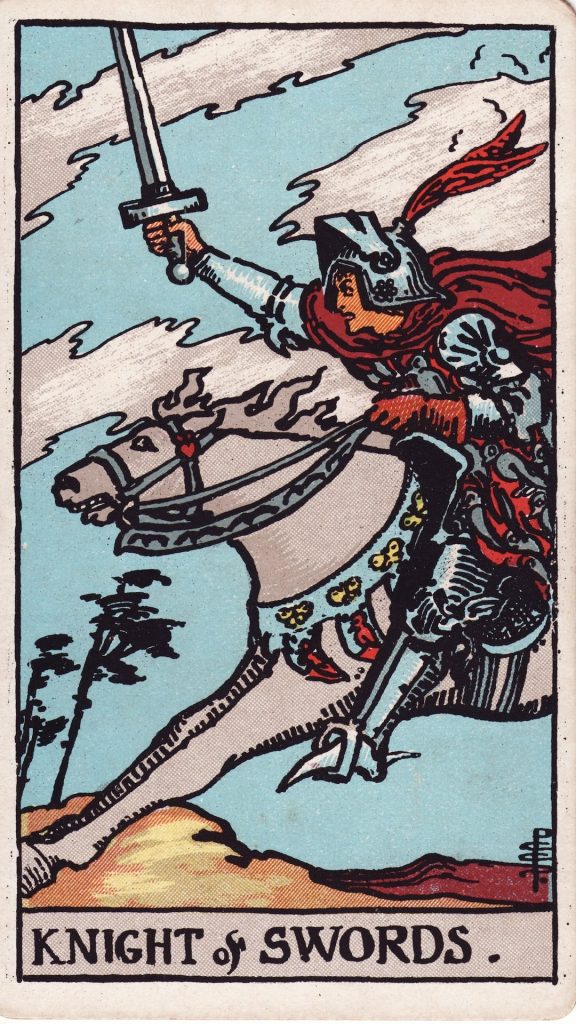 Riddare i Svärd tarotkort Riddare i Svärd tarotkort från Rider Waite Tarotlek, designade av Pamela Colman Smith.