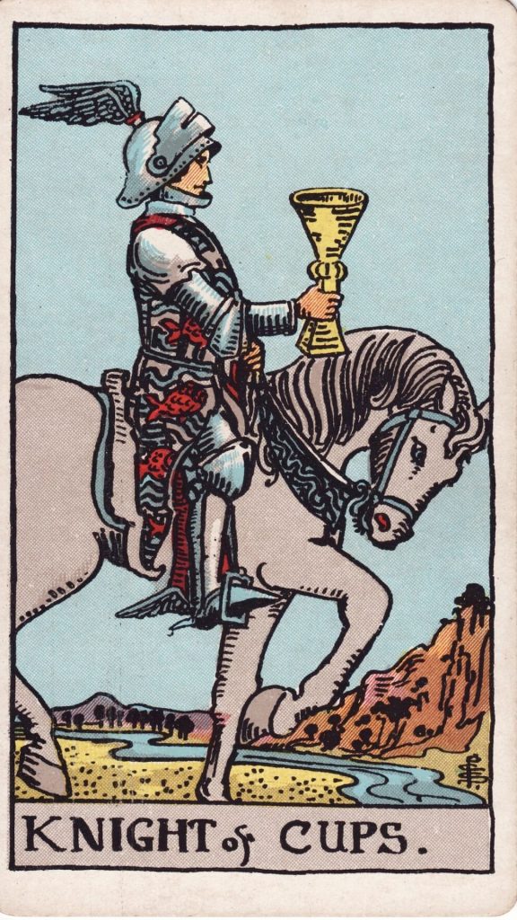 Riddare i bägare tarotkort Riddare i bägare tarotkort från Rider Waite Tarotlek, designade av Pamela Colman Smith.