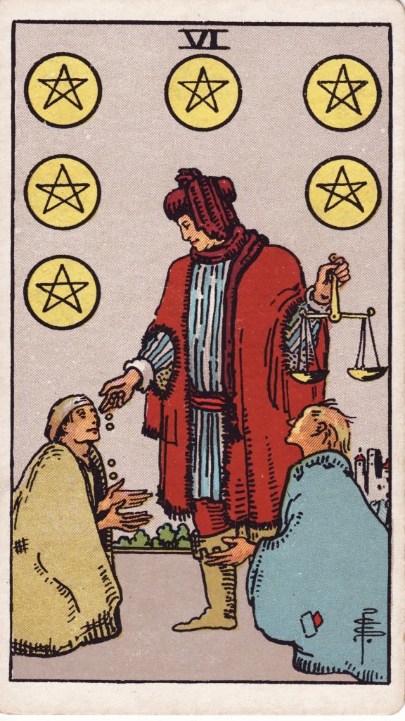 Sex i Mynt tarotkort Sex i Mynt tarotkort från Rider Waite Tarotlek, designade av Pamela Colman Smith.