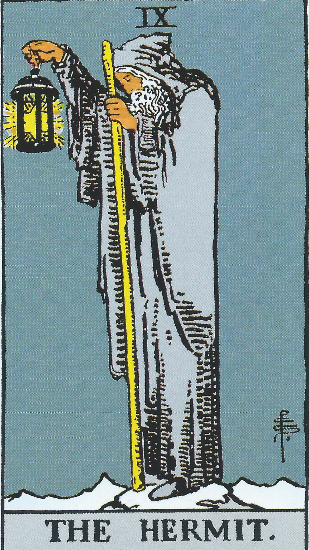 The Hermit Tarotkort som kallas Eremiten på svenska som illustrerar en äldre gubbe som håller i en stav och en lysande lykta.