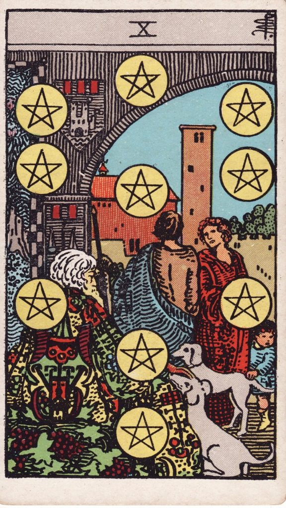 Tio i Mynt tarotkort Tio i Mynt tarotkort från Rider Waite Tarotlek, designade av Pamela Colman Smith.