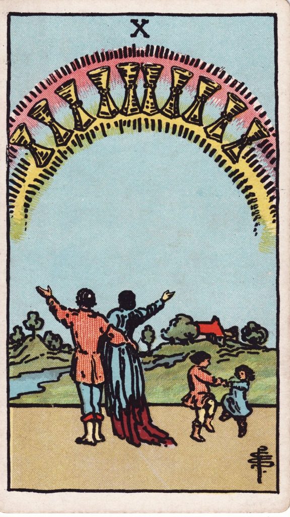 Tio i bägare tarotkort Tio i bägare tarotkort från Rider Waite Tarotlek, designade av Pamela Colman Smith.