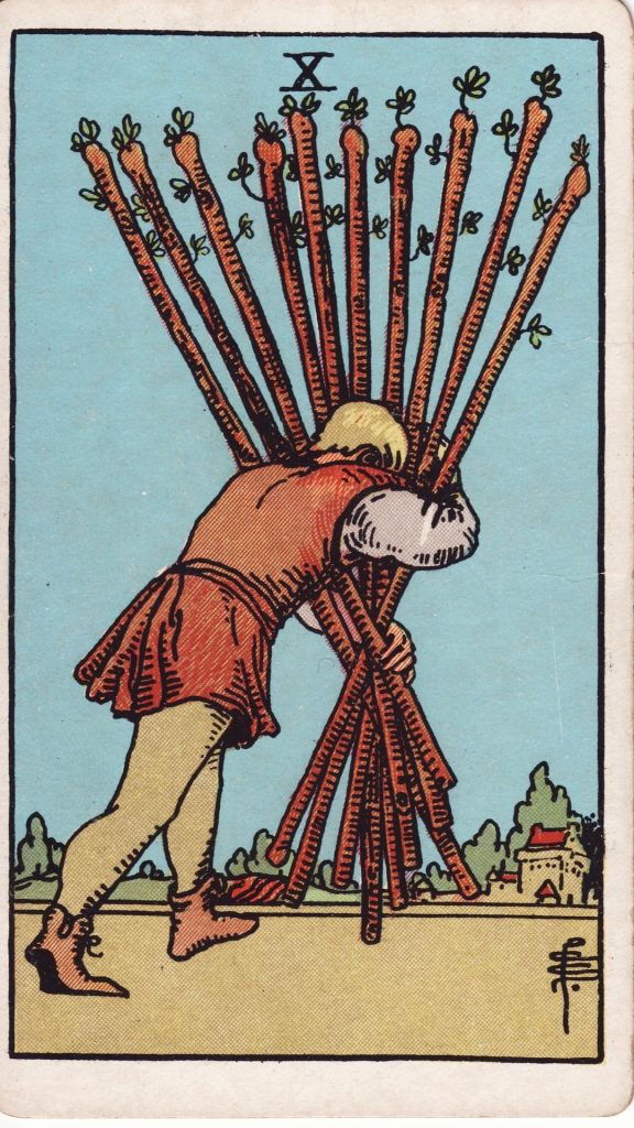 Tio i stavar tarotkort Tio i stavar tarotkort från Rider Waite Tarotlek, designade av Pamela Colman Smith.