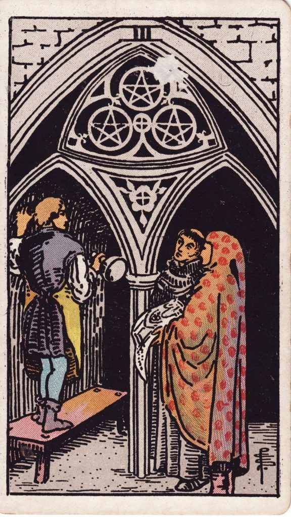 Tre i Mynt tarotkort från Rider Waite Tarotlek, designade av Pamela Colman Smith.