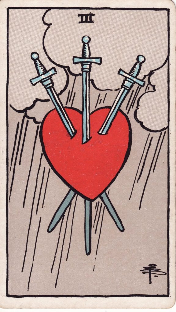 Tre i Svärd tarotkort Tre i Svärd tarotkort från Rider Waite Tarotlek, designade av Pamela Colman Smith.