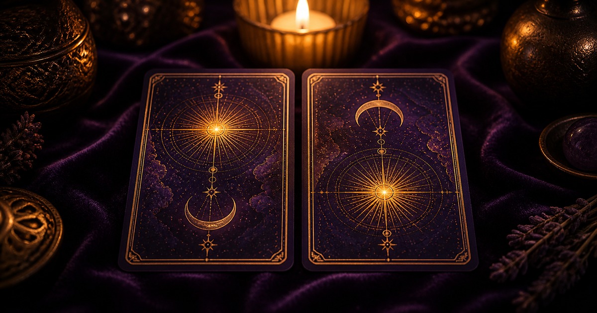 Två tarotkort bredvid varandra på mörk sammet, det ena upprätt och det andra omvänt