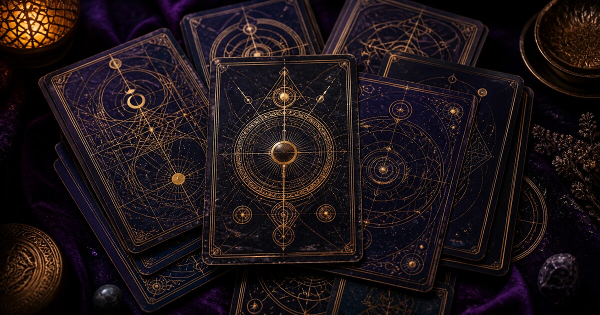 Kort med täta geometriska och astrologiska linjemönster i guld mot djupblått, staplade tätt omlott